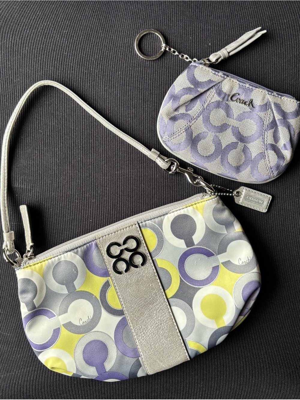 💜💛COACH Julia Op Art Scarf Print Large Wristlet Mini Bag & Mini Coin Purse Set💛💜
